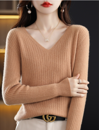 V-Neck Pullover Long Sleeve Solid Color Cashmere Sweater-6