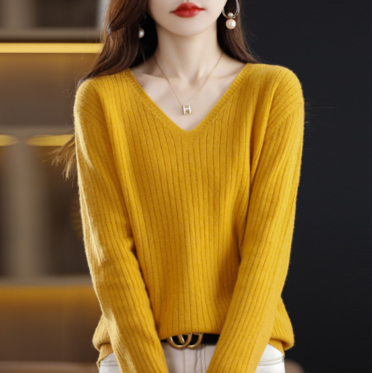 V-Neck Pullover Long Sleeve Solid Color Cashmere Sweater-7
