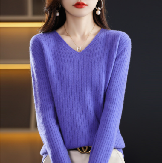 V-Neck Pullover Long Sleeve Solid Color Cashmere Sweater-8