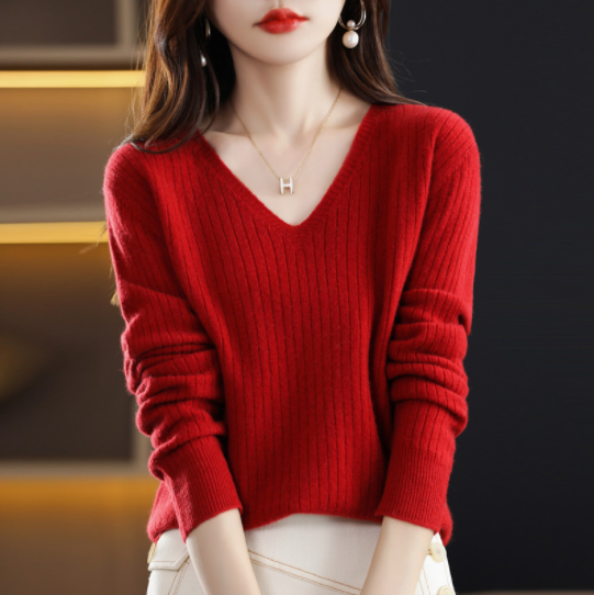 V-Neck Pullover Long Sleeve Solid Color Cashmere Sweater-9