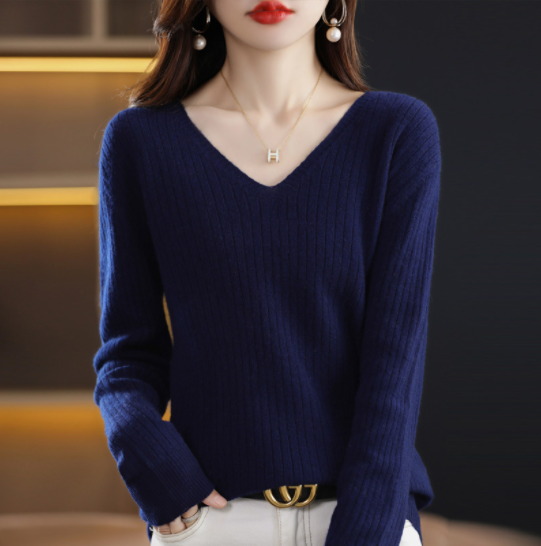 V-Neck Pullover Long Sleeve Solid Color Cashmere Sweater-10
