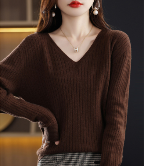 V-Neck Pullover Long Sleeve Solid Color Cashmere Sweater-11