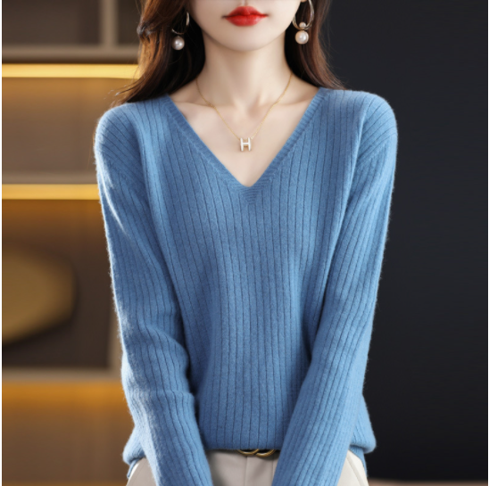 V-Neck Pullover Long Sleeve Solid Color Cashmere Sweater-12