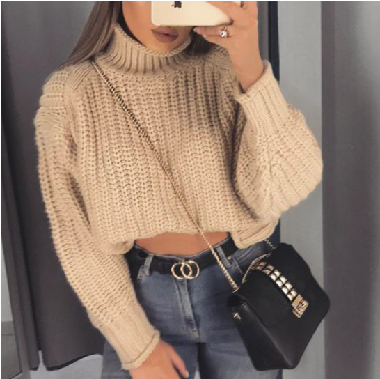 Women's turtleneck long sleeve solid color pullover knitted sweater