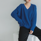 Ladies Loose V-Neck Solid Color Simple Knit Sweater-1