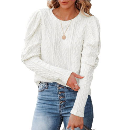 Ladies Solid Jacquard Round Neck Leg of Lamb Sleeve Knit Sweater Top-1