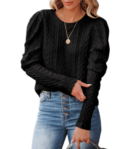 Ladies Solid Jacquard Round Neck Leg of Lamb Sleeve Knit Sweater Top-2