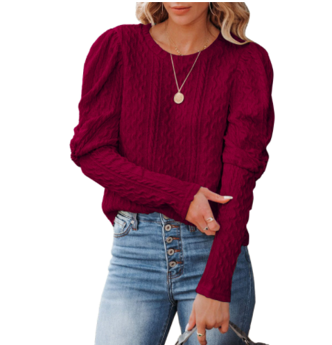 Ladies Solid Jacquard Round Neck Leg of Lamb Sleeve Knit Sweater Top-3