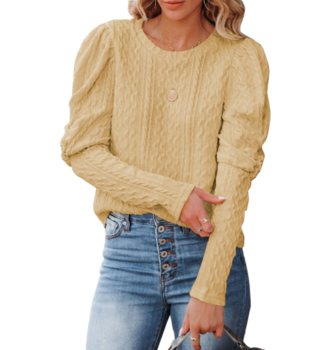 Ladies Solid Jacquard Round Neck Leg of Lamb Sleeve Knit Sweater Top-4