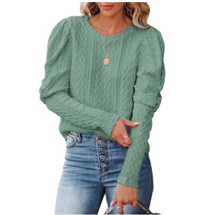 Ladies Solid Jacquard Round Neck Leg of Lamb Sleeve Knit Sweater Top-5