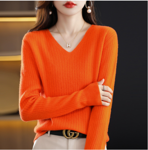V-Neck Pullover Long Sleeve Solid Color Cashmere Sweater-13