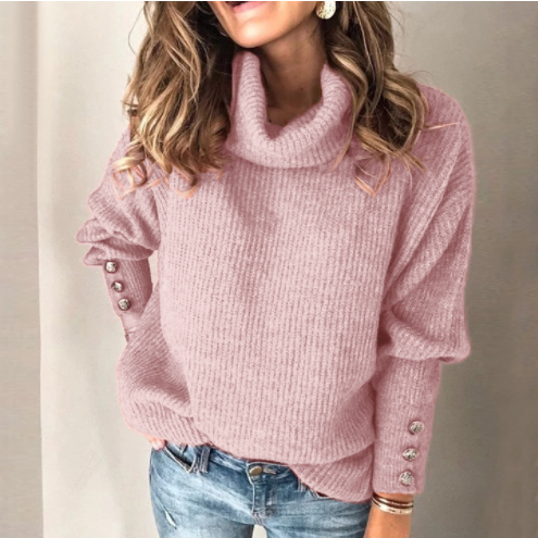 Ladies Loose Turtleneck Button Knit Sweater-2