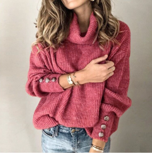 Ladies Loose Turtleneck Button Knit Sweater-7