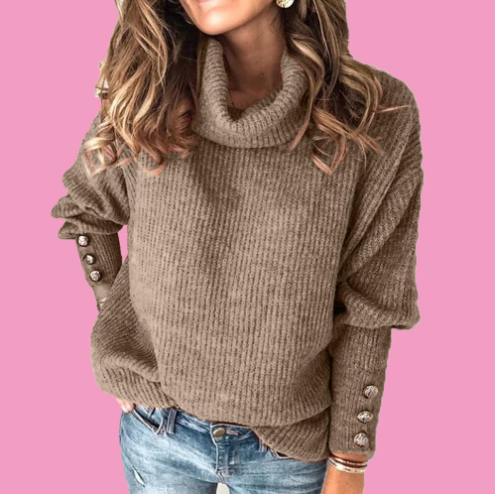 Ladies Loose Turtleneck Button Knit Sweater-9