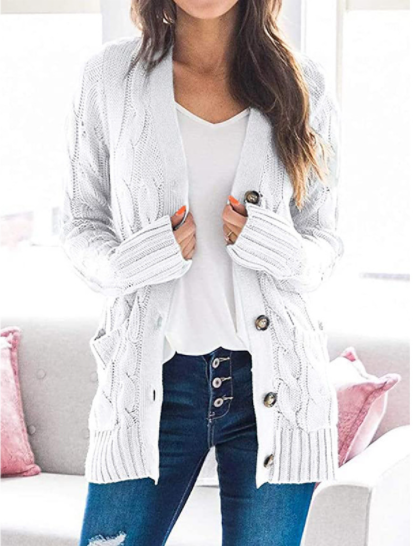 Women's Long Sleeve Cable Knit Sweater Open Front Cardigan Button Down Outerwear-1