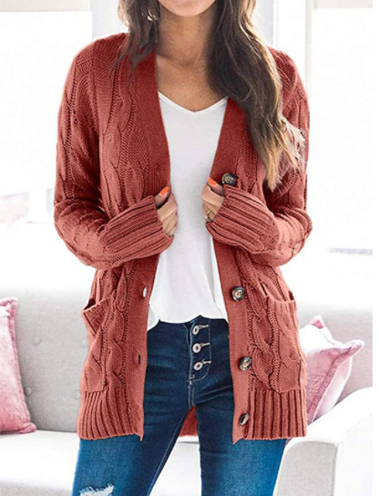 Women's Long Sleeve Cable Knit Sweater Open Front Cardigan Button Down Outerwear-2