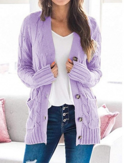 Women's Long Sleeve Cable Knit Sweater Open Front Cardigan Button Down Outerwear-3