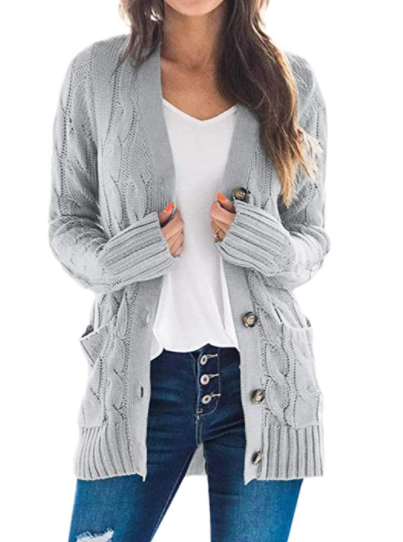 Women's Long Sleeve Cable Knit Sweater Open Front Cardigan Button Down Outerwear-4