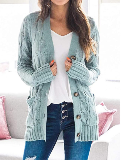 Women's Long Sleeve Cable Knit Sweater Open Front Cardigan Button Down Outerwear-8