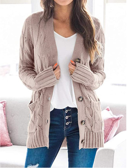 Women's Long Sleeve Cable Knit Sweater Open Front Cardigan Button Down Outerwear-9