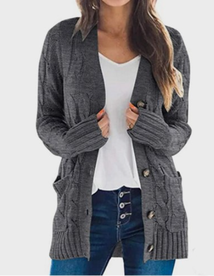 Women's Long Sleeve Cable Knit Sweater Open Front Cardigan Button Down Outerwear-12