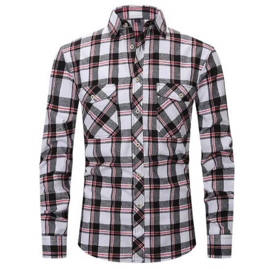 Men's Plaid Flannel Lapel Long Sleeve Shirt-9