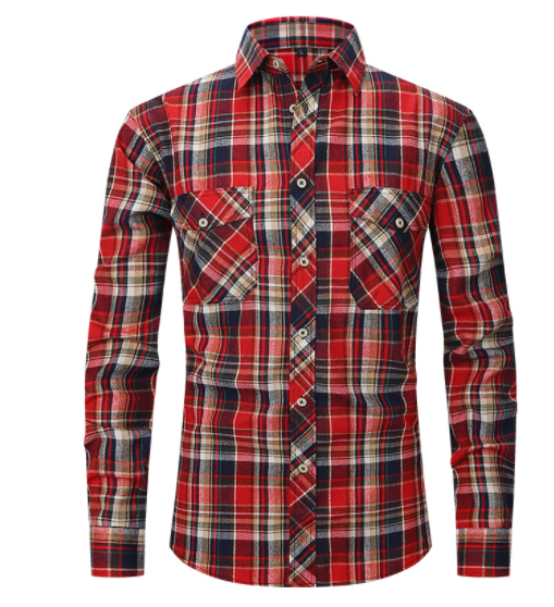 Men's Plaid Flannel Lapel Long Sleeve Shirt-11