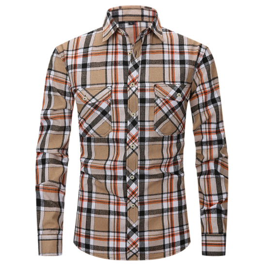 Men's Plaid Flannel Lapel Long Sleeve Shirt-13