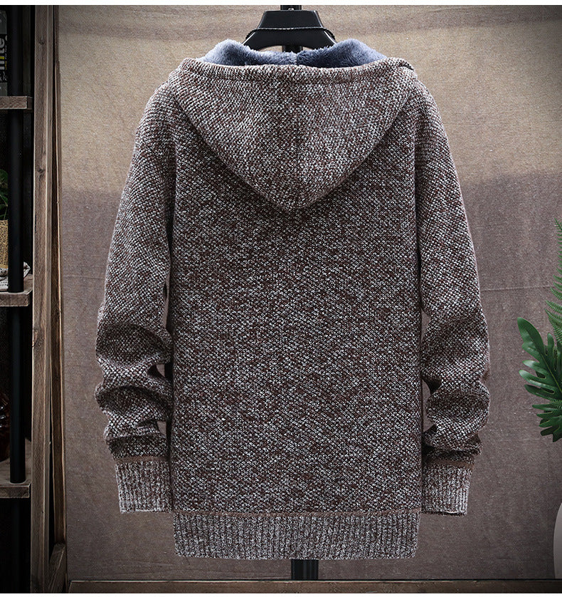 Men's hooded cardigan zipper knitted fleece thick coat-3
