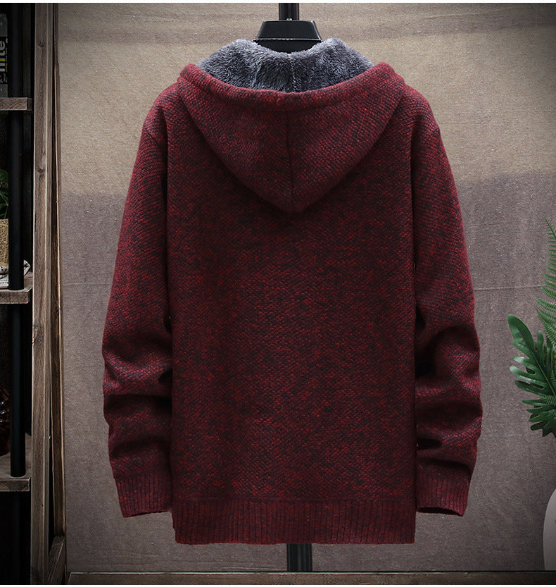 Men's hooded cardigan zipper knitted fleece thick coat-5