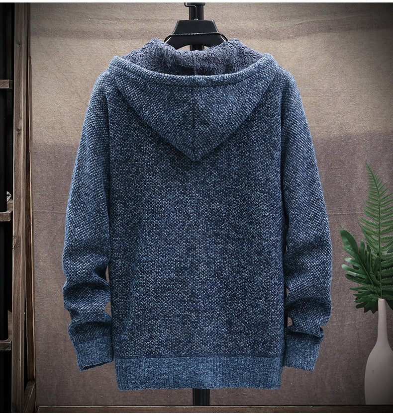 Men's hooded cardigan zipper knitted fleece thick coat-1