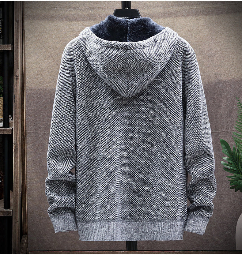 Men's hooded cardigan zipper knitted fleece thick coat-7