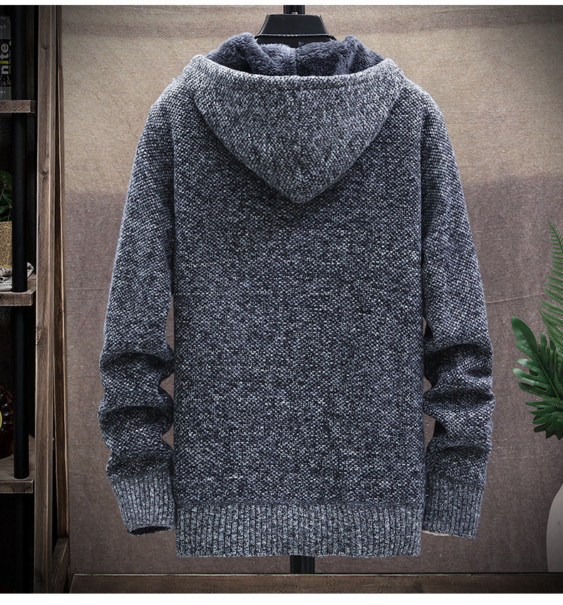 Men's hooded cardigan zipper knitted fleece thick coat-9