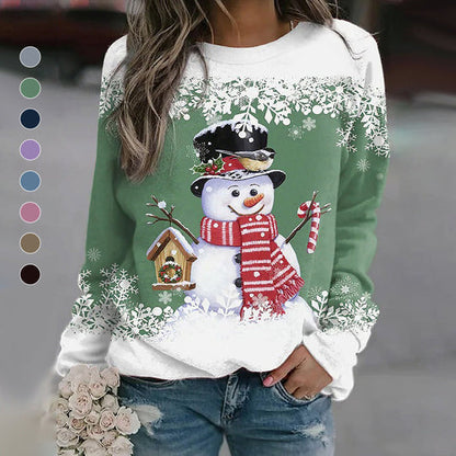 Christmas New Snowman Print Long Sleeve Casual Loose T-Shirt-3