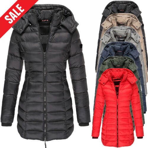 Winter women's mid-length padded jacket warm solid color hooded jacket-1