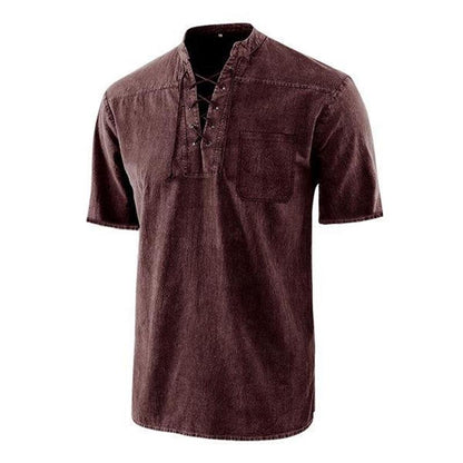 Men Gothic Retro T-Shirt Lace-up V-neck Linen Pocket Short Sleeve Tee Shirt Loose Tops-7