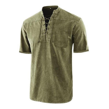 Men Gothic Retro T-Shirt Lace-up V-neck Linen Pocket Short Sleeve Tee Shirt Loose Tops-6