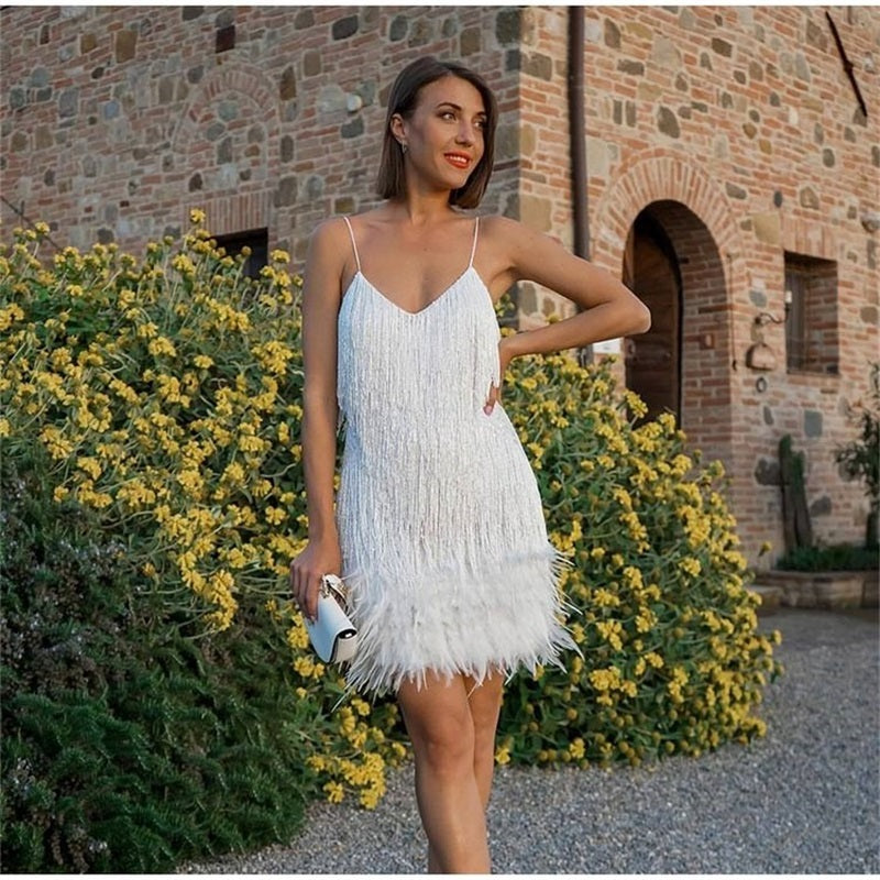 Women's Feather Fringe Sequin Strap Dress-2