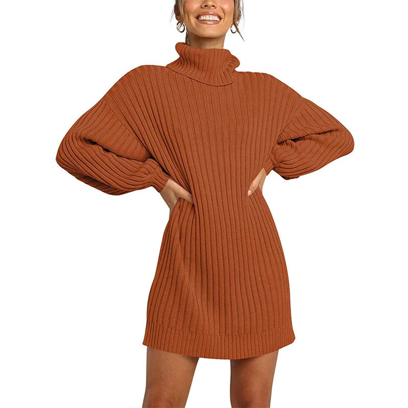 🌟Venda Quente 50% OFF🌟Mulheres Turtleneck Long Lantern Sleeve Loose Sweater Dress (COMPRE 1 FRETE GRÁTIS)