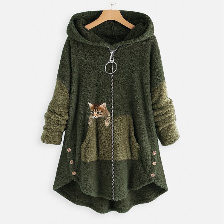 ✨Christmas 65% Off Sale✨ Plus Size Hoodie Cat Causal Long Sleeve Coat