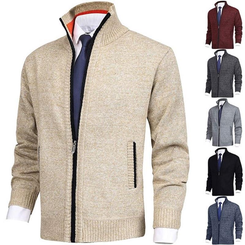 Promoción Black Friday 50% de descuentoColor sólido de los hombres Stand Collar moda Cardigan suéter chaqueta de punto