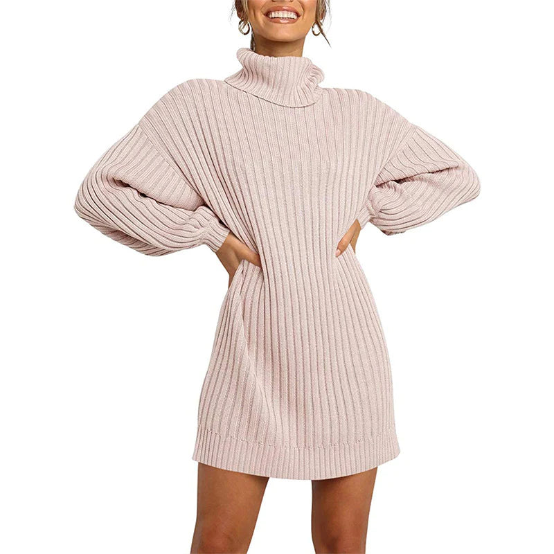 🌟Venda Quente 50% OFF🌟Mulheres Turtleneck Long Lantern Sleeve Loose Sweater Dress (COMPRE 1 FRETE GRÁTIS)