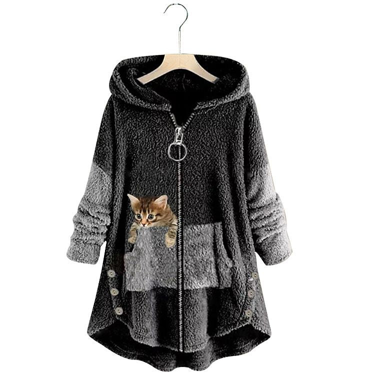 ✨Christmas 65% Off Sale✨ Plus Size Hoodie Cat Causal Long Sleeve Coat