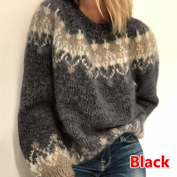 Women's Casual Loose Thick Needles Jacquard Sweater-4