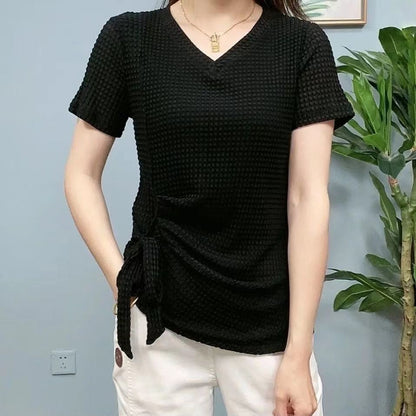 Fashionable V-neck Pleated Short Sleeve-4