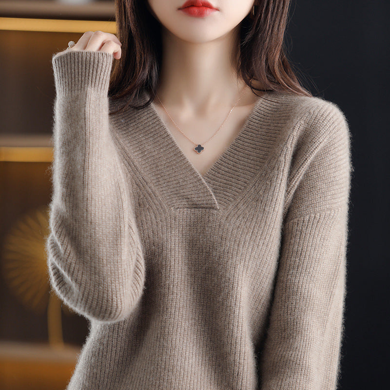 Women's V-neck Cashmere Sweater-4