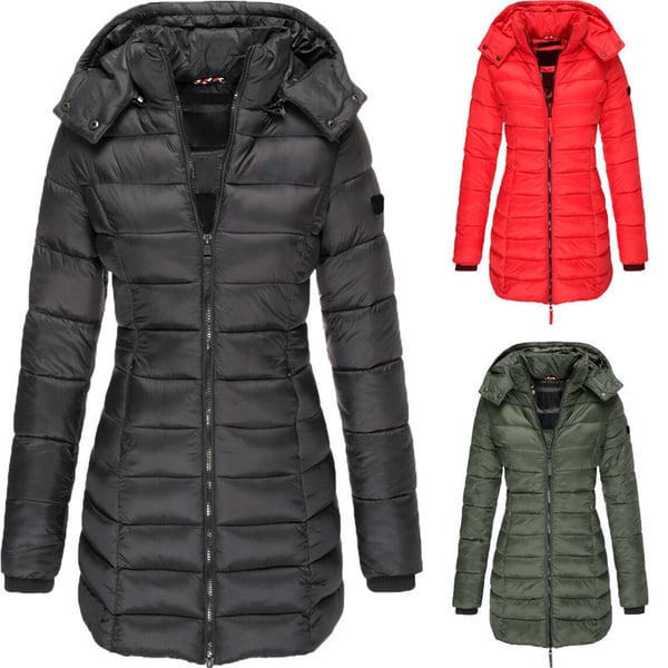 Winter women's mid-length padded jacket warm solid color hooded jacket-2