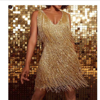 Women's Feather Fringe Sequin Strap Dress-5