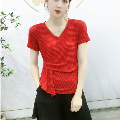 Fashionable V-neck Pleated Short Sleeve-5