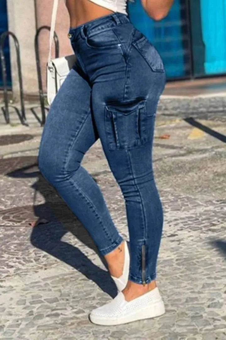 Flap Pocket Zipper Side Skinny Jeans-5